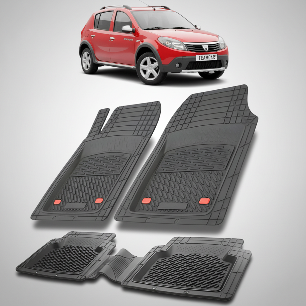 set de covorase din cauciuc negre cu o dacia sandero stepway rosie in fundal