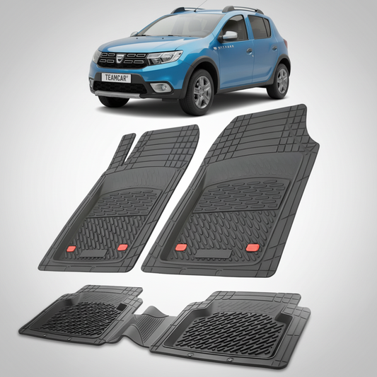 set de covorase din cauciuc negre cu o dacia sandero ii stepway albastra in fundal