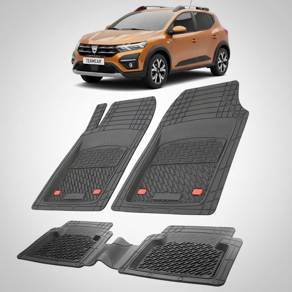 set de covorase din cauciuc negre cu o dacia sandero iii stepway portocalie in fundal