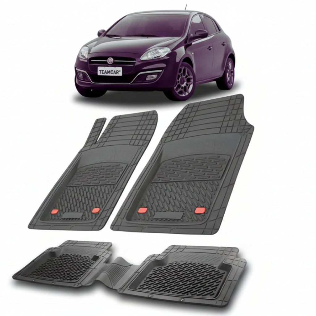 set de covorase din cauciuc negre cu un fiat bravo facelift hatchback negru in fundal