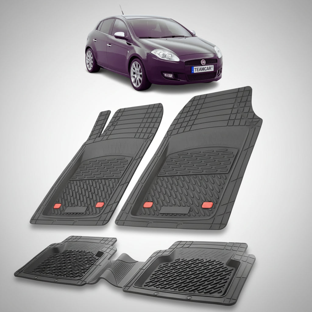 set de covorase din cauciuc negre cu un fiat bravo hatchback negru in fundal