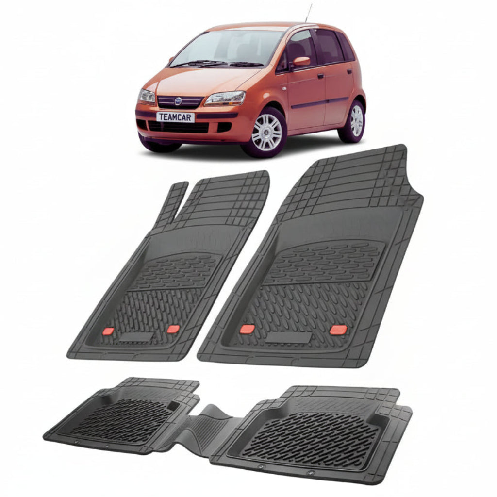 set de covorase din cauciuc negre cu un fiat idea mini mpv maro in fundal