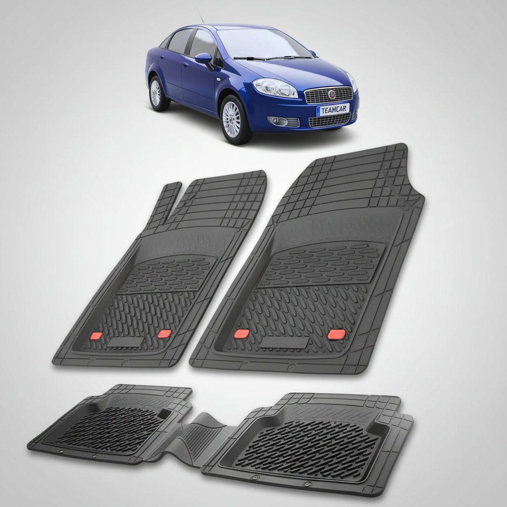 set de covorase din cauciuc negre cu un fiat linea sedan albastru in fundal