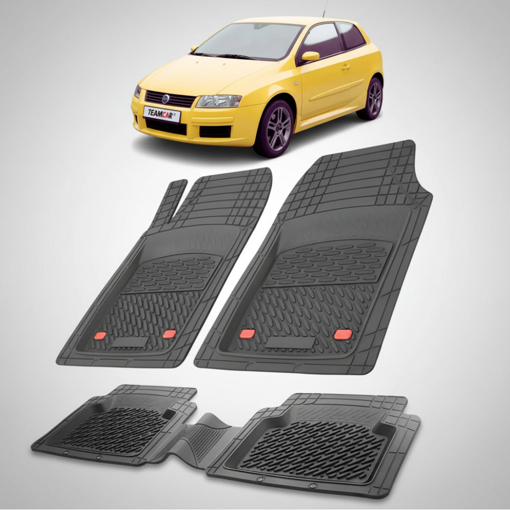 set de covorase din cauciuc negre cu un fiat stilo hatchback 3 usi galben in fundal