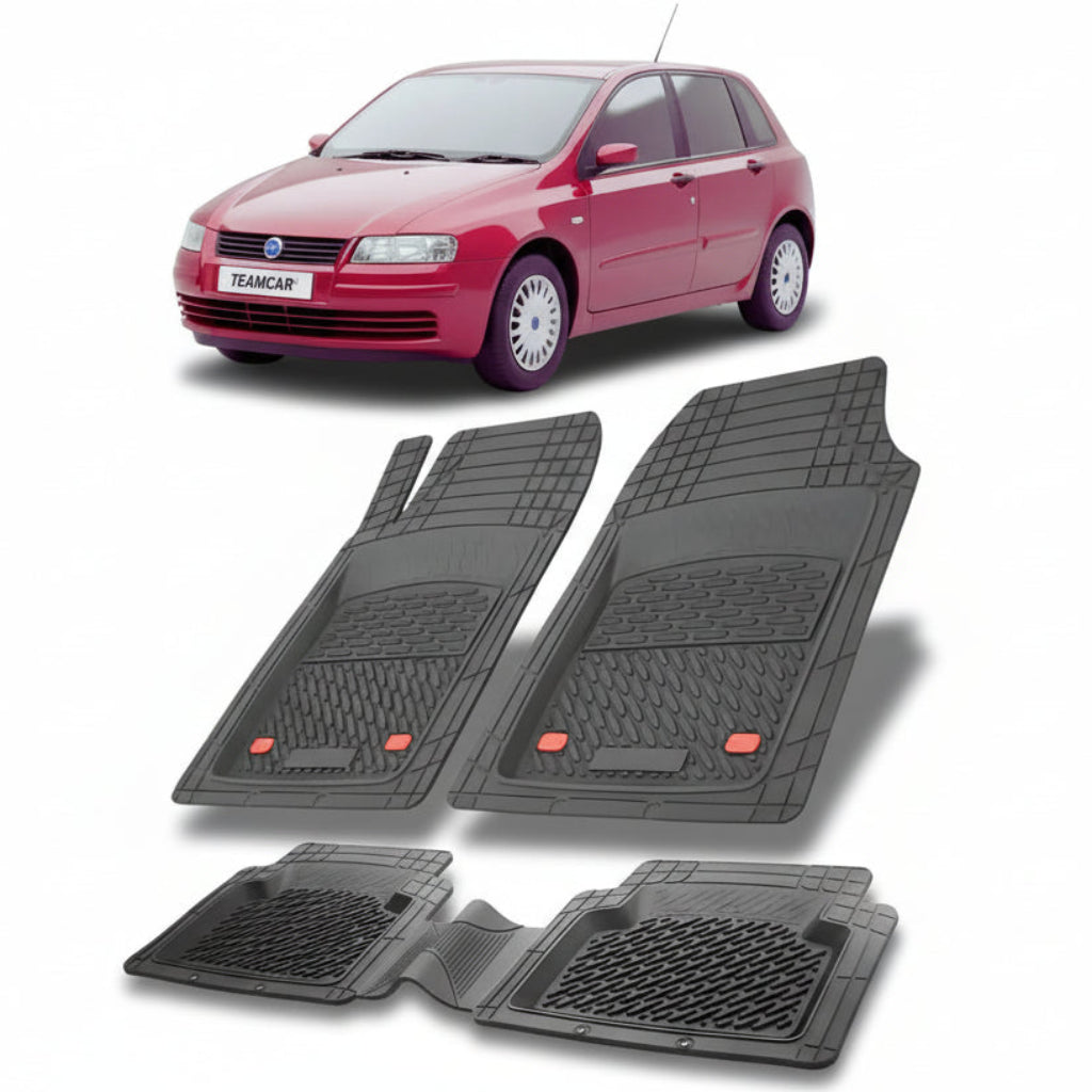 set de covorase din cauciuc negre cu un fiat stilo hatchback facelift 5 usi rosu in fundal