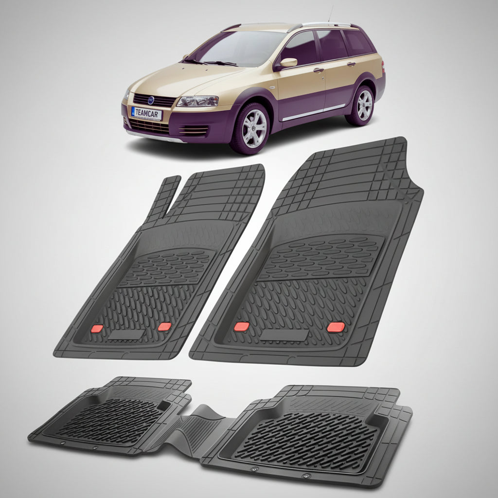 set de covorase din cauciuc negre cu un fiat stilo station wagon facelift maro deschis in fundal