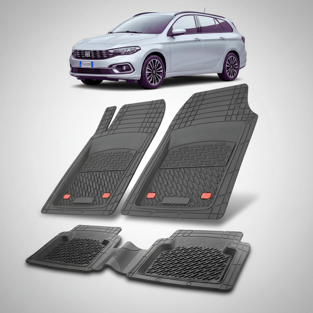 set de covorase din cauciuc negre cu un fiat tipo facelift station wagon gri in fundal