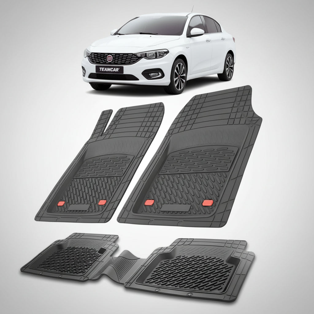 set de covorase din cauciuc negre cu un fiat tipo sedan alb in fundal