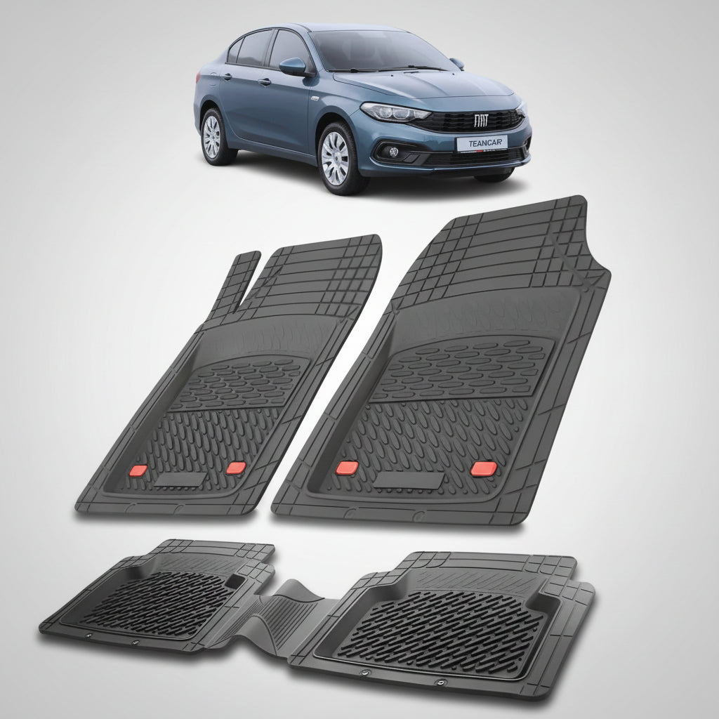 set de covorase din cauciuc negre cu un fiat tipo sedan facelift bleu in fundal