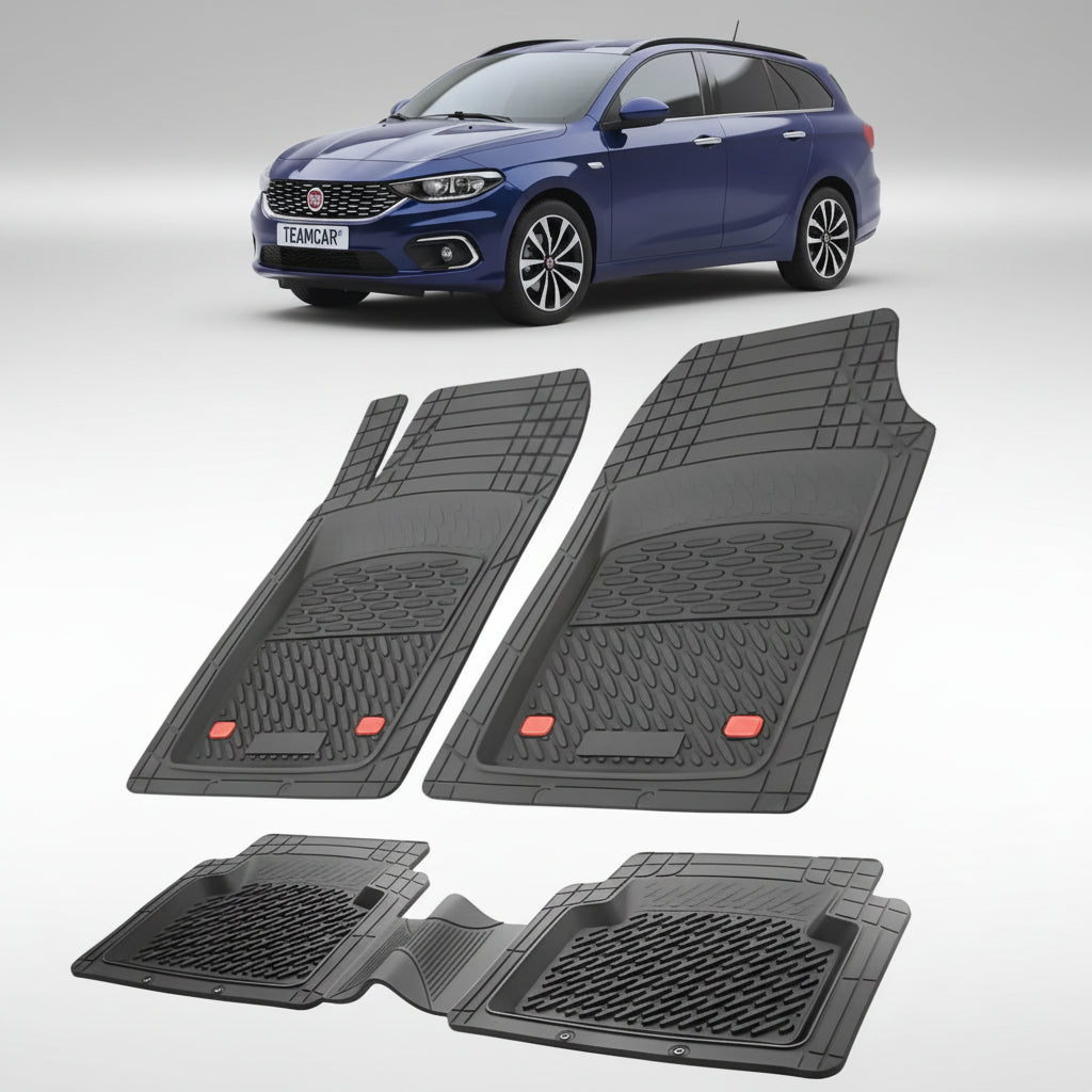 set de covorase din cauciuc negre cu un fiat tipo station wagon gri in fundal