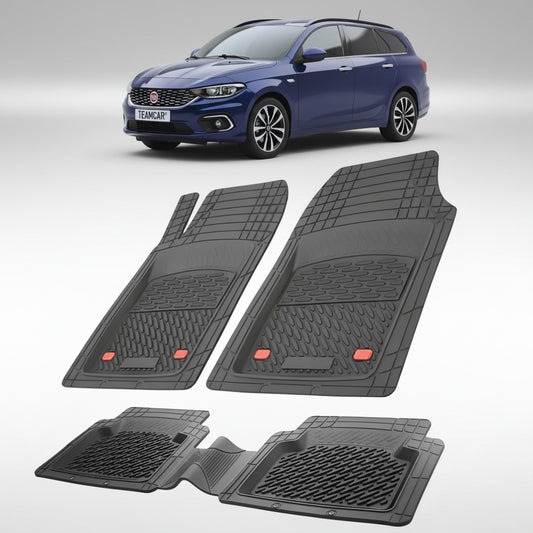 set de covorase din cauciuc negre cu un fiat tipo station wagon gri in fundal