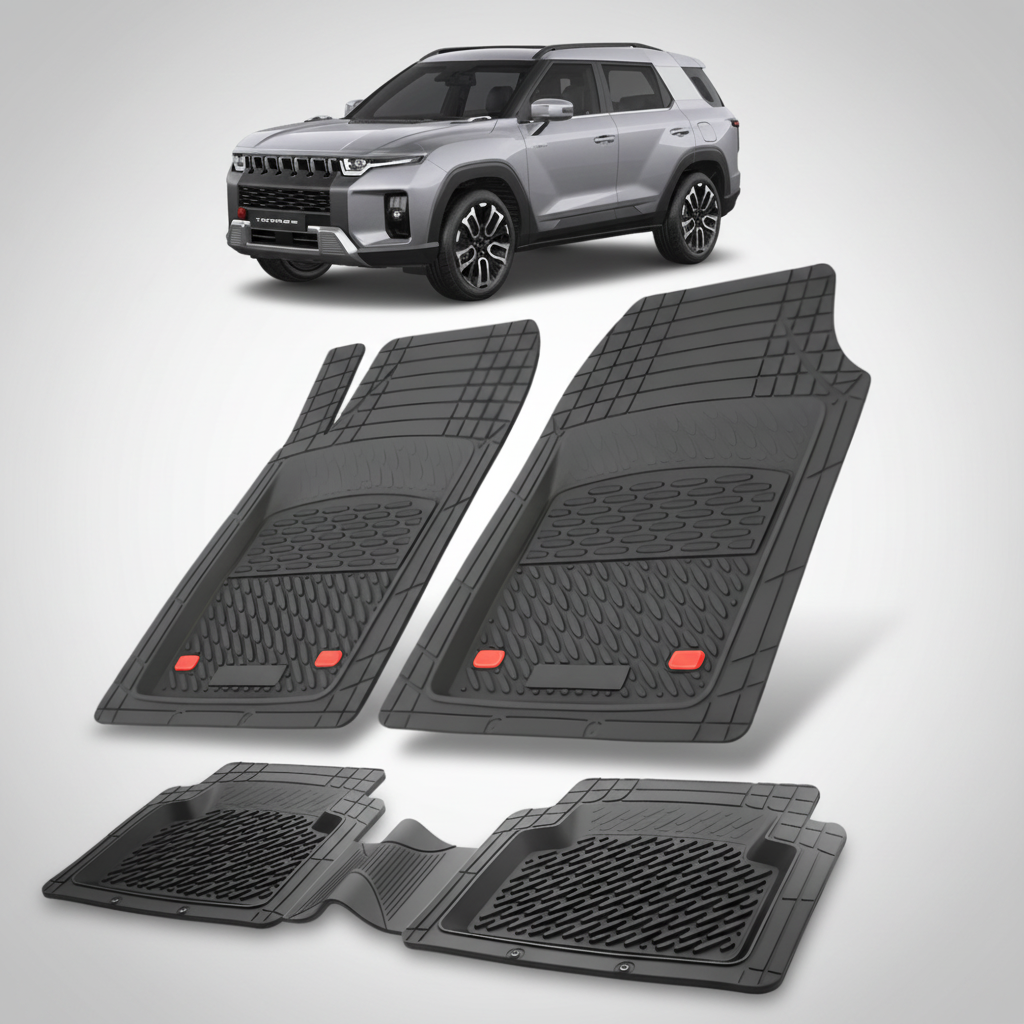 Set de covorașe auto negre cu un KGM Torres SUV argintiu în fundal