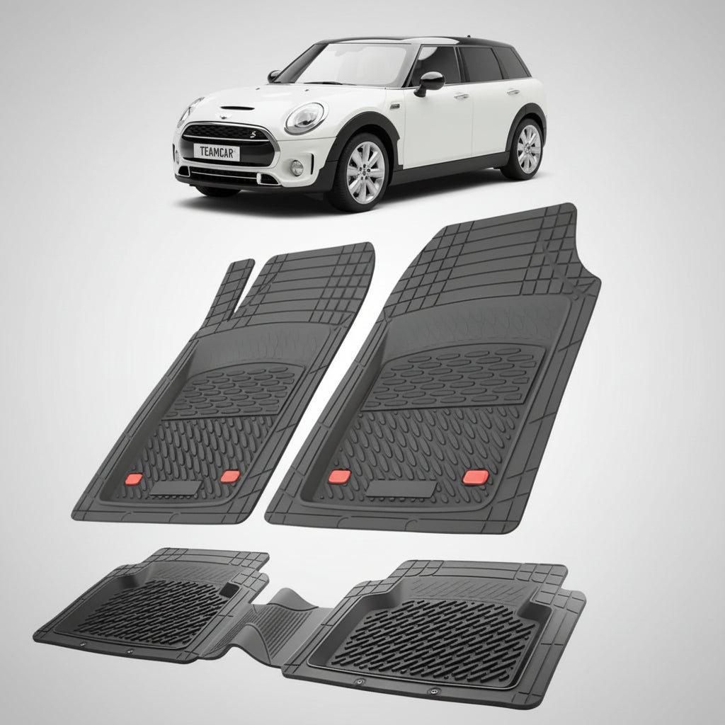 set de covorase din cauciuc negre cu un mini clubman f54 alba in fundal