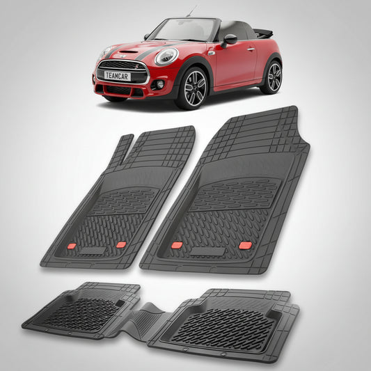 set de covorase din cauciuc negre cu un mini convertible f57 rosie in fundal