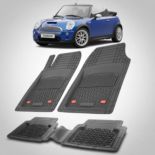 set de covorase din cauciuc negre cu un mini convertible r52 albastra in fundal