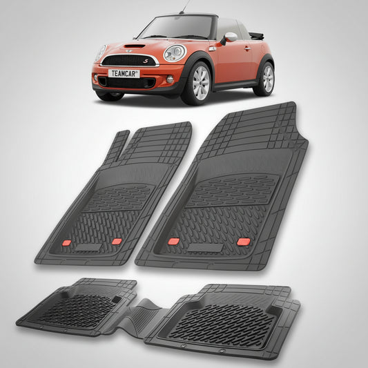set de covorase din cauciuc negre cu un mini convertible r57 portocalie in fundal