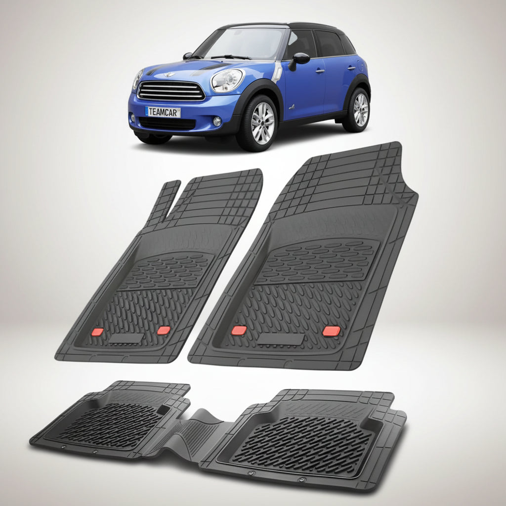 set de covorase din cauciuc negre cu un mini countryman r60 suv albastru in fundal