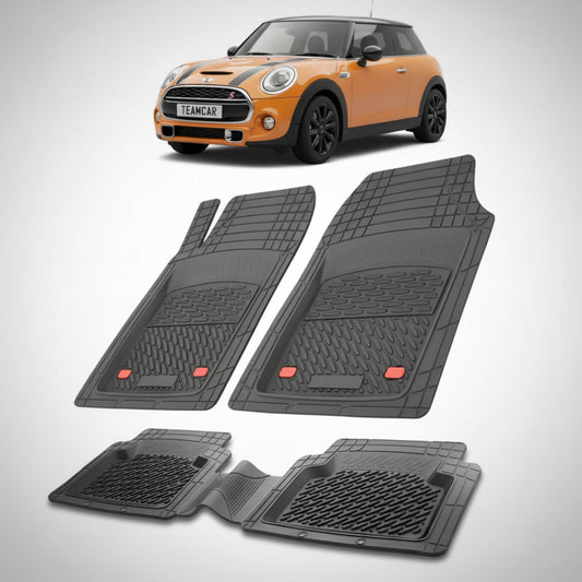set de covorase din cauciuc negre cu un mini hatchback f55 f56 portocalie in fundal