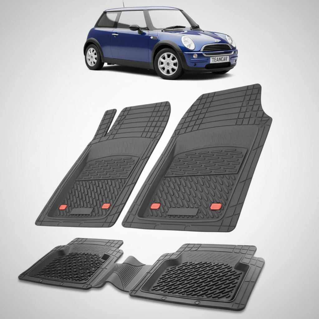 set de covorase din cauciuc negre cu un mini hatchback r50 r53 albastru in fundal