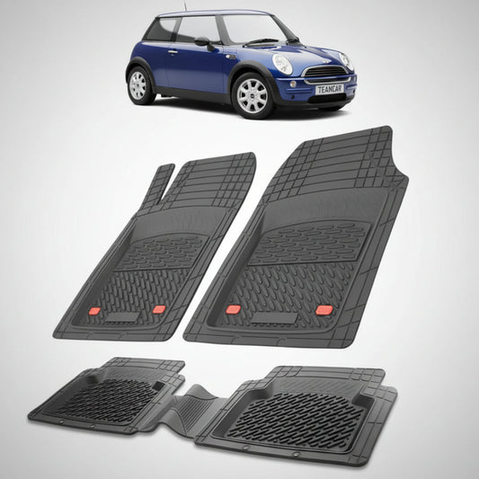 set de covorase din cauciuc negre cu un mini hatchback r50 r53 albastru in fundal