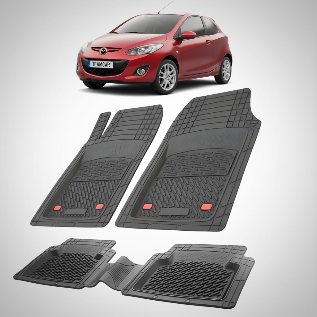 set de covorase din cauciuc negre cu o mazda 2 de facelift  hatchback 3 usi rosie in fundal