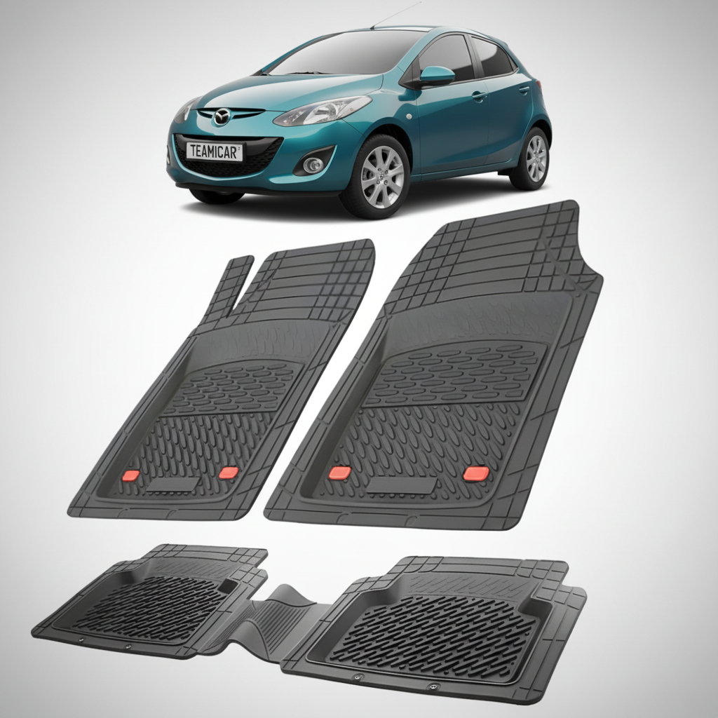 set de covorase din cauciuc negre cu o mazda 2 de facelift hatchback 5 usi albastru verzui  in fundal