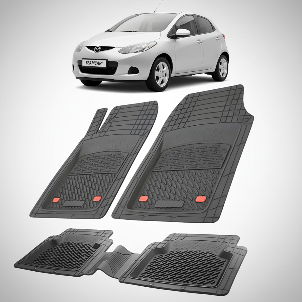set de covorase din cauciuc negre cu o mazda 2 de hatchback 5 usi argintiu in fundal