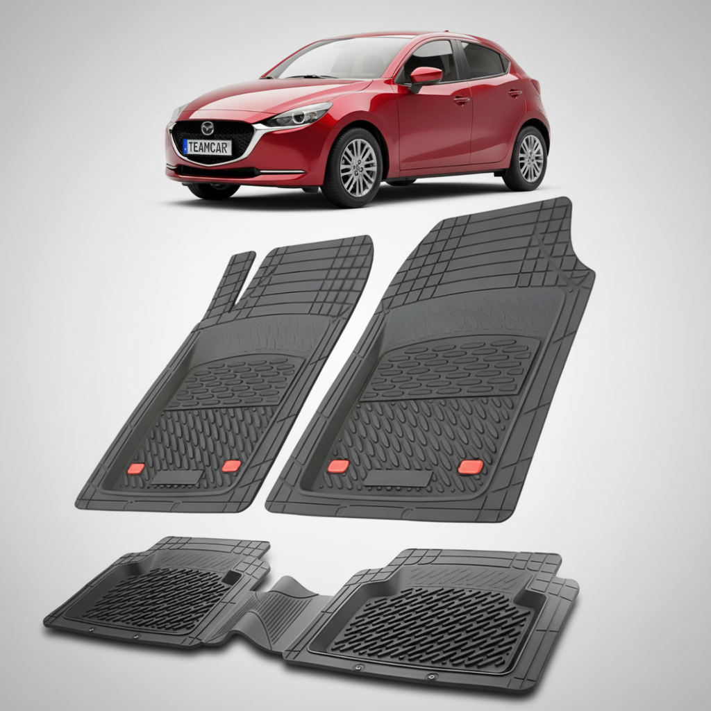 set de covorase din cauciuc negre cu o mazda 2 dj facelift hatchback 5 usi rosie  in fundal
