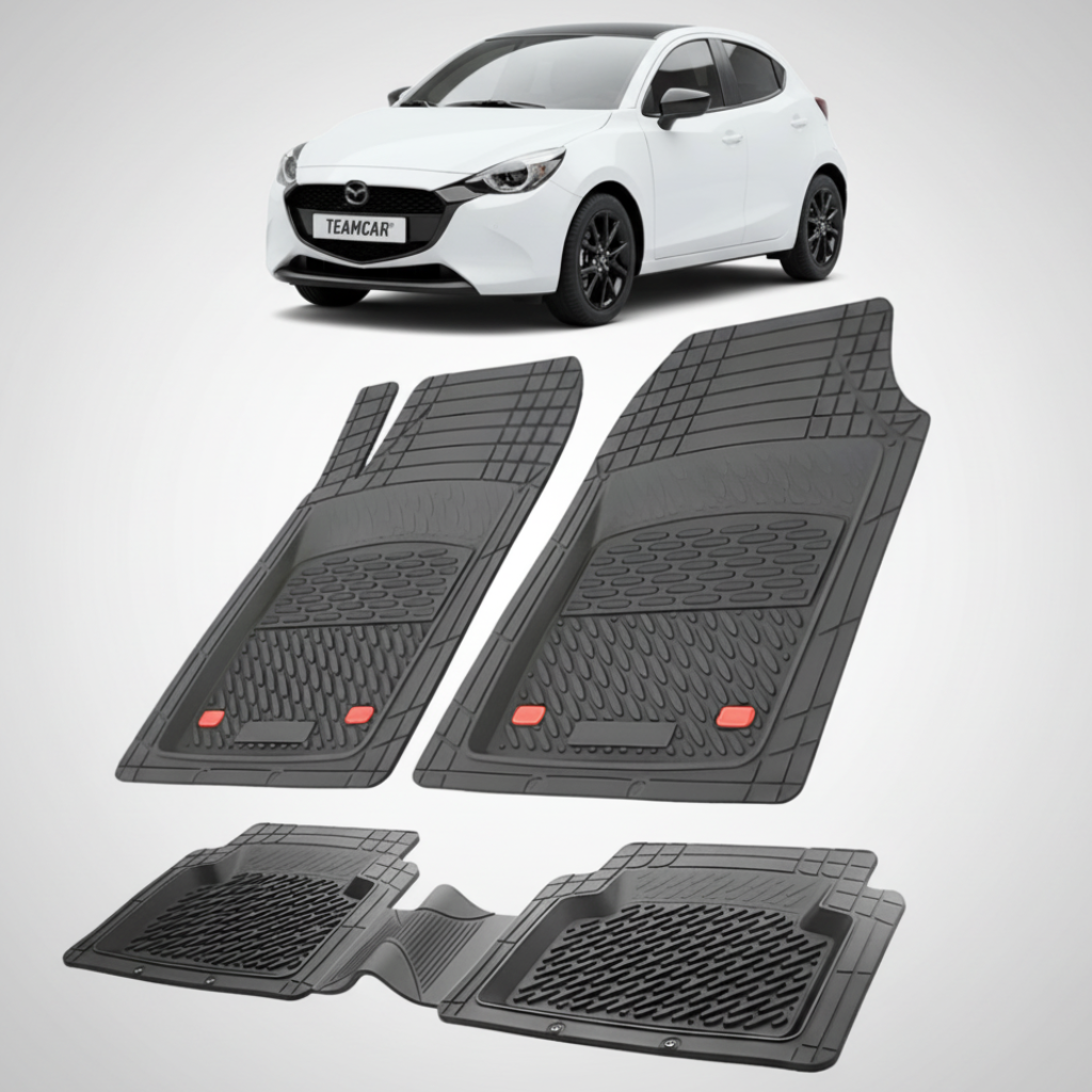 set de covorase din cauciuc negre cu o mazda 2 hybrid xp210 hatchback 5 usi alba  in fundal