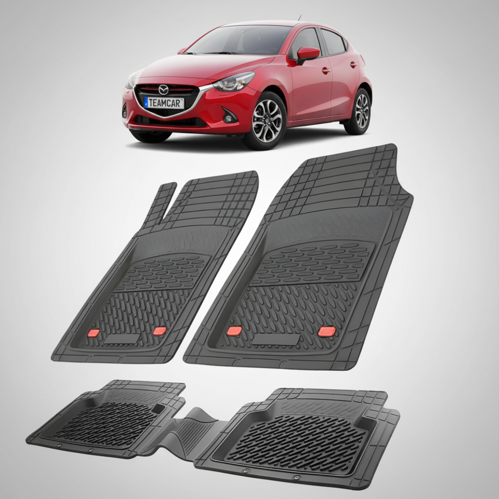 set de covorase din cauciuc negre cu o mazda 2 generatia iii rosie in fundal