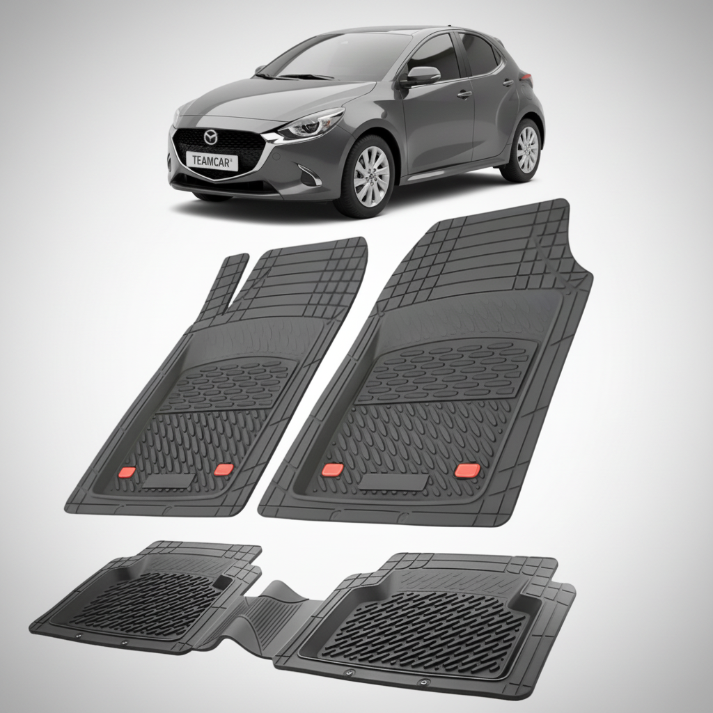 set de covorase din cauciuc negre cu o mazda 2 generatia IV gri inchis in fundal