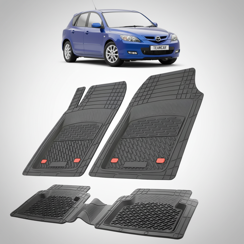 set de covorase din cauciuc negre cu o mazda 3 bk facelift hatchback 5 usi albastra in fundal