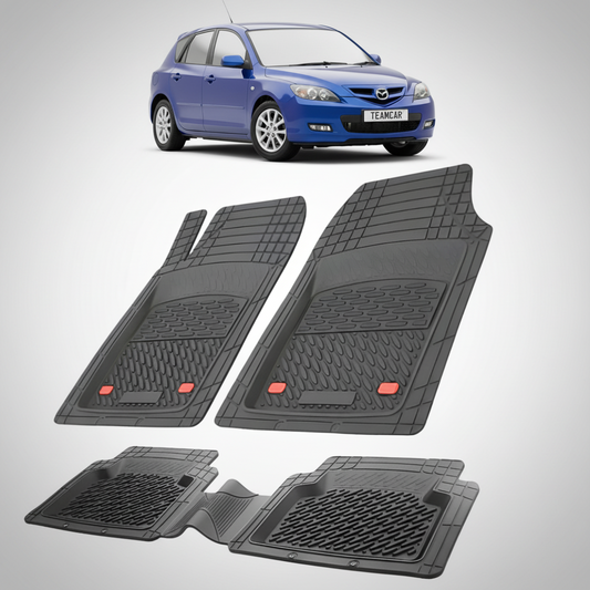 set de covorase din cauciuc negre cu o mazda 3 bk facelift hatchback 5 usi albastra in fundal