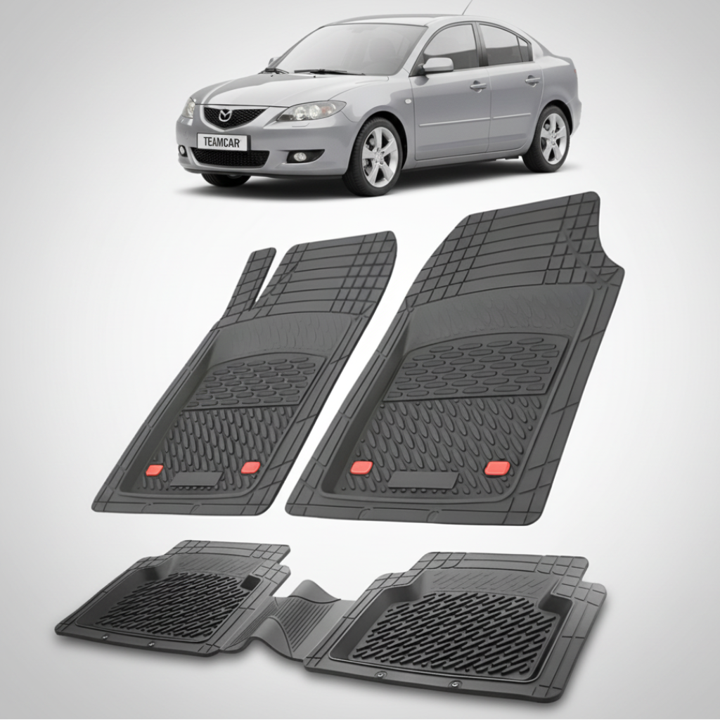 set de covorase din cauciuc negre cu o mazda 3 bk sedan gri deschis in fundal