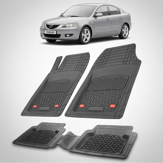 set de covorase din cauciuc negre cu o mazda 3 bk sedan gri deschis in fundal