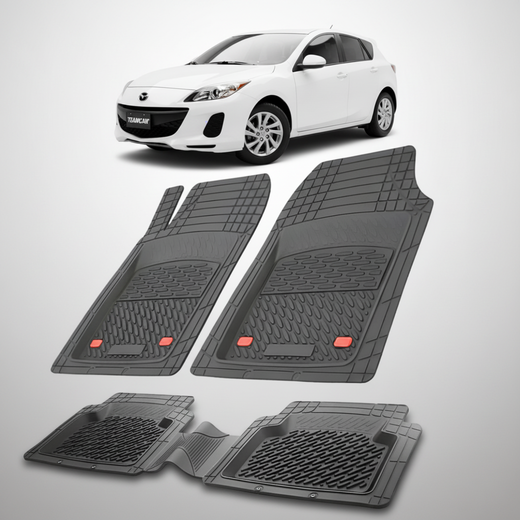 set de covorase din cauciuc negre cu o mazda 3 bl facelift hatchback 5 usi alba in fundal