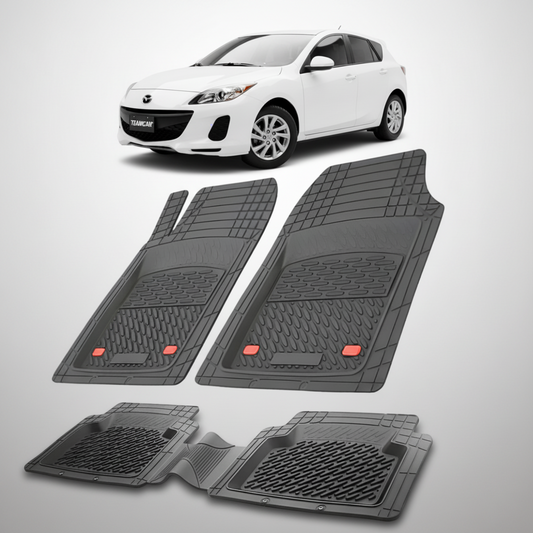 set de covorase din cauciuc negre cu o mazda 3 bl facelift hatchback 5 usi alba in fundal