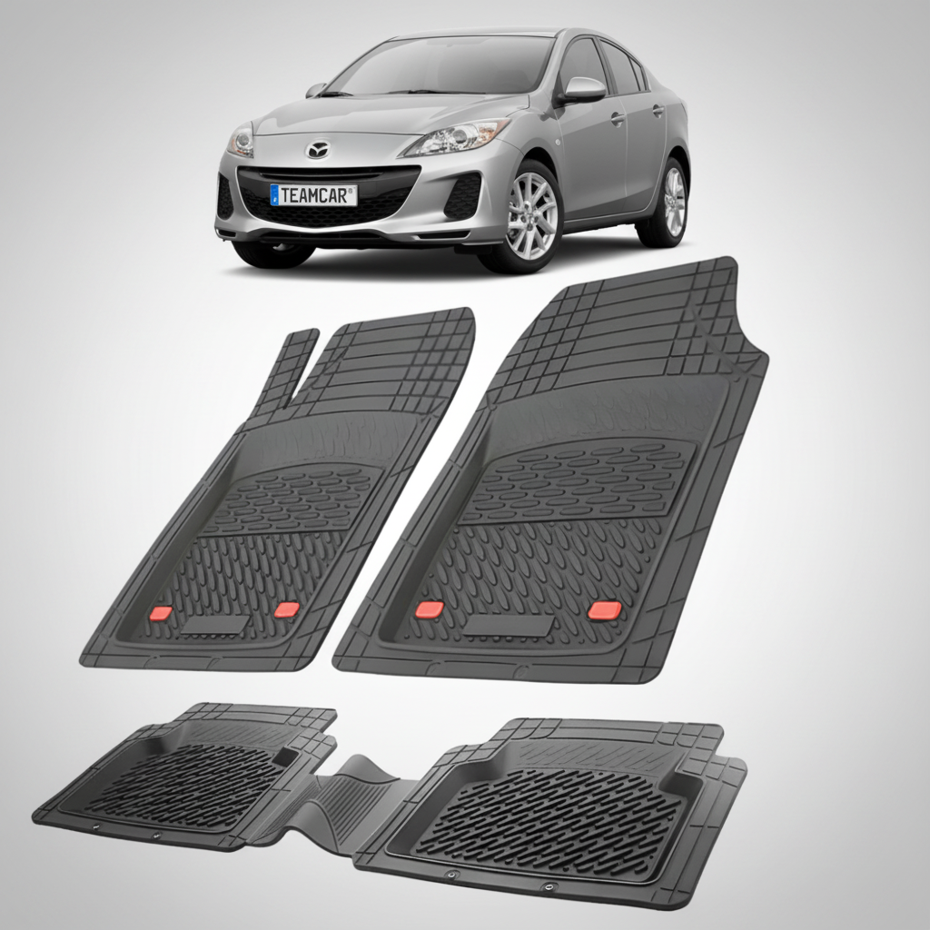 set de covorase din cauciuc negre cu o mazda 3 bl facelift sedan gri inchis in fundal