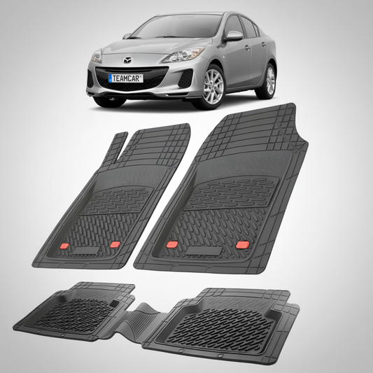 set de covorase din cauciuc negre cu o mazda 3 bl facelift sedan gri inchis in fundal
