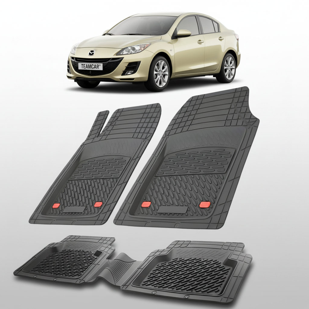 set de covorase din cauciuc negre cu o mazda 3 bl sedan auriu in fundal