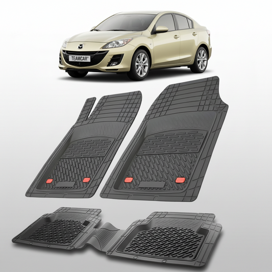 set de covorase din cauciuc negre cu o mazda 3 bl sedan auriu in fundal