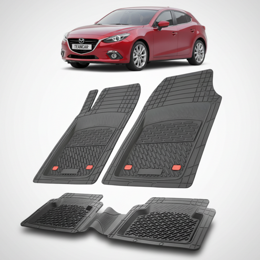 set de covorase din cauciuc negre cu o mazda 3 bm/bn hatchback rosie in fundal