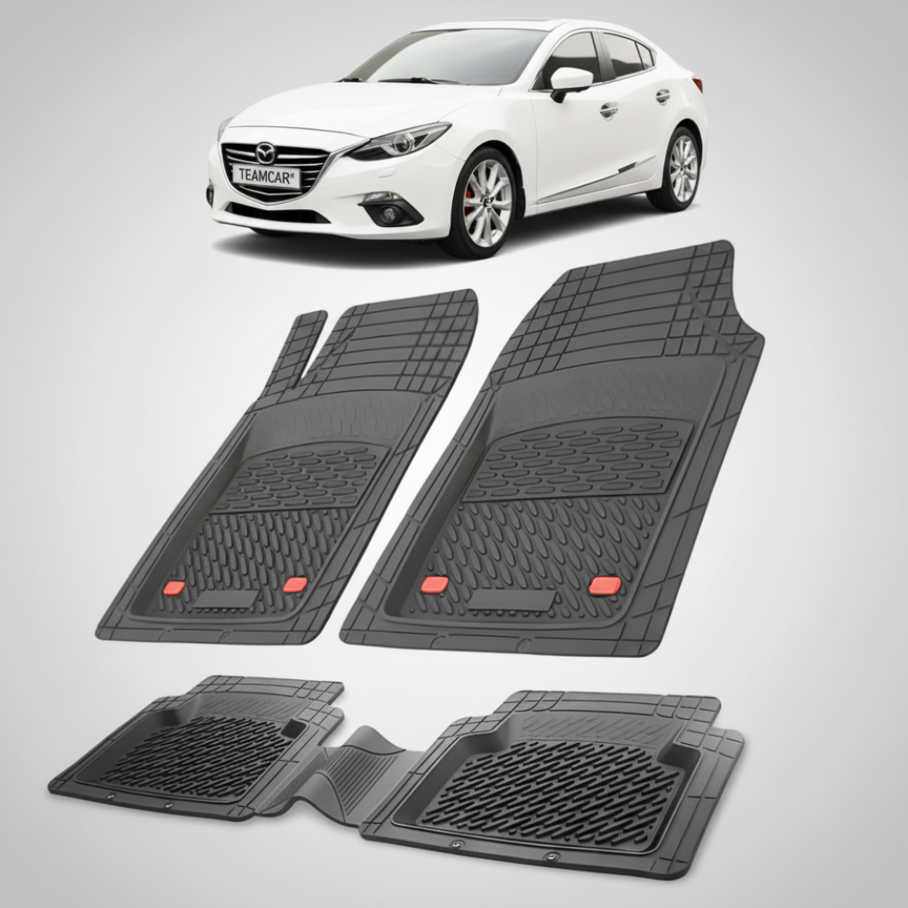 set de covorase din cauciuc negre cu o mazda 3 bm/bn sedan alba in fundal