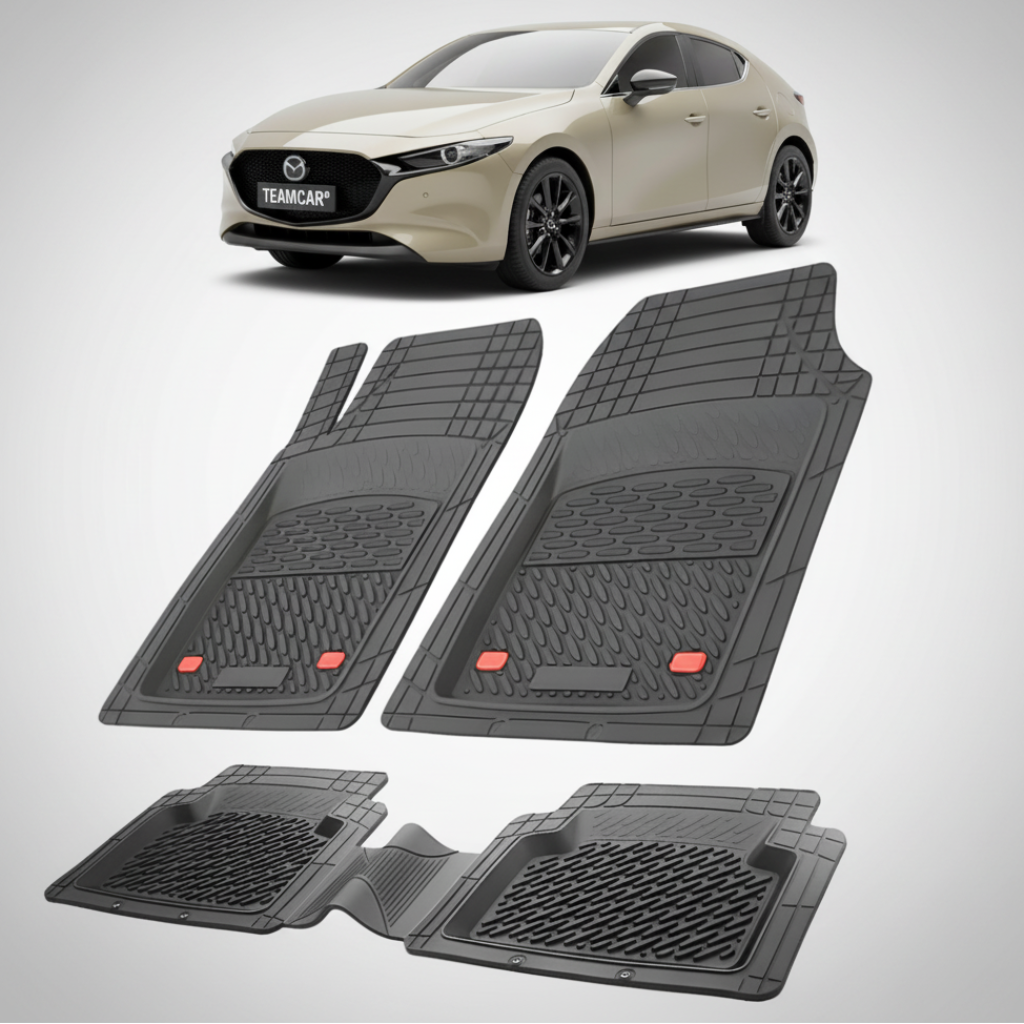 set de covorase din cauciuc negre cu o mazda 3 bp facelift hatchback 5 usi bej-gri in fundal