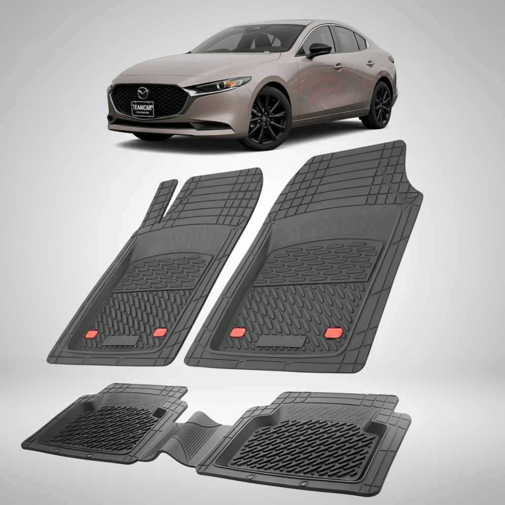 set de covorase din cauciuc negre cu o mazda 3 bp facelift sedan bronz deschis in fundal