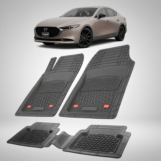 set de covorase din cauciuc negre cu o mazda 3 bp facelift sedan bronz deschis in fundal