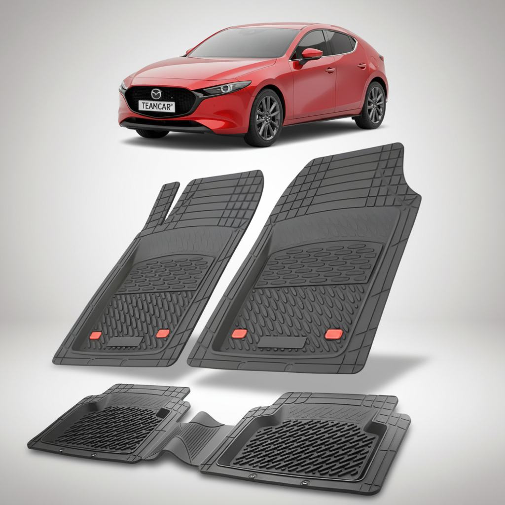 set de covorase din cauciuc negre cu o mazda 3 bp hatchback rosu in fundal