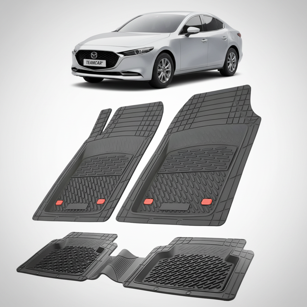 set de covorase din cauciuc negre cu o mazda 3 bp sedan argintie in fundal