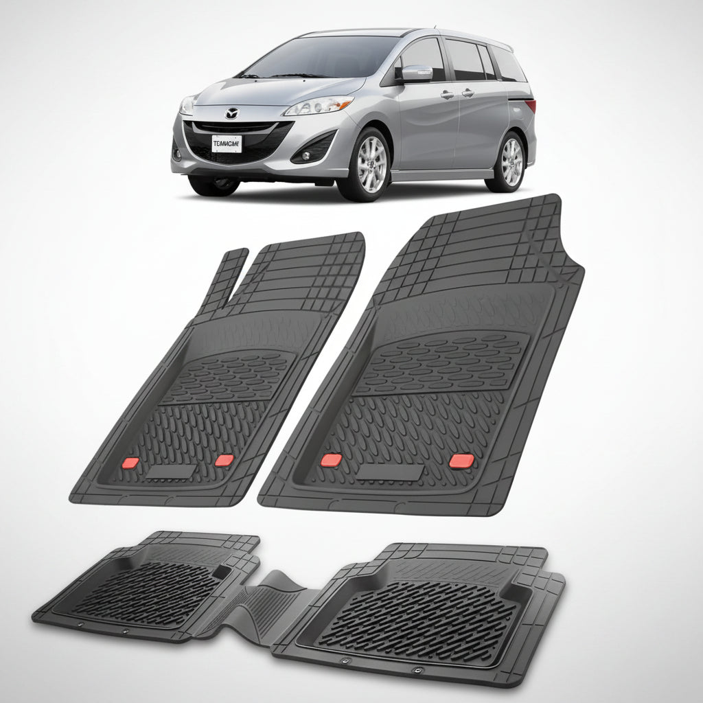 set de covorase din cauciuc negre cu o mazda 5 cw facelift mpv gri deschis in fundal