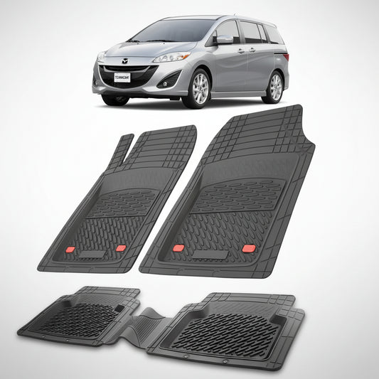 set de covorase din cauciuc negre cu o mazda 5 cw facelift mpv gri deschis in fundal